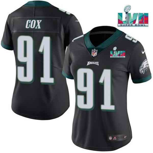 Women's Philadelphia Eagles #91 Fletcher Cox Black Super Bolw LVII Patch Vapor Untouchable Limited Stitched Football Jersey(Run Small)