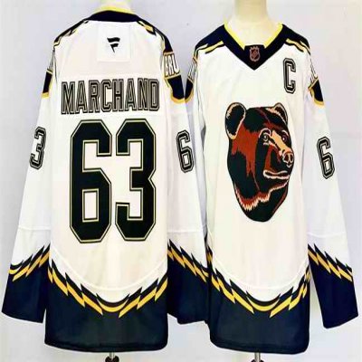 Men's Boston Bruins #63 Brad Marchand White 2024-25 With C Patch Reverse Retro Home Stitched Hockey Jersey