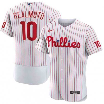 Men's Philadelphia Phillies #10 J.T. Realmuto White 2022 World Series Flex Base Stitched Baseball Jersey