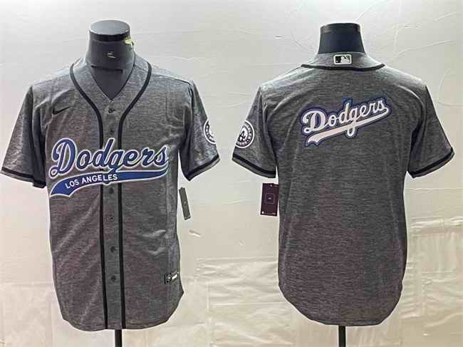 Men's Los Angeles Dodgers Grey Team Big Logo Cool Base With Patch Stitched Baseball Jersey