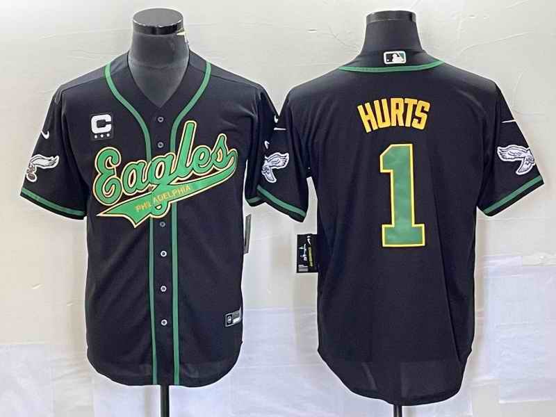 Men's Philadelphia Eagles #1 Jalen Hurts Black Gold With 3-star C Patch Cool Base Stitched Baseball Jersey