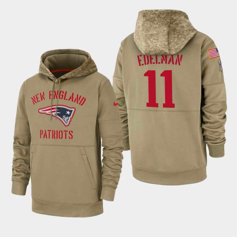 Men's New England Patriots #11 Julian Edelman Tan 2019 Salute to Service Sideline Therma Pullover Hoodie