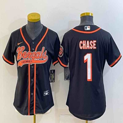 Women's Cincinnati Bengals #1 Ja'Marr Chase Black With Patch Cool Base Stitched Baseball Jersey(Run Small)