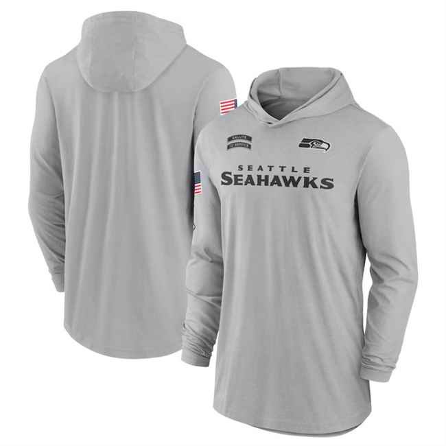 Men's Seattle Seahawks 2024 Gray Salute to Service Lightweight Performance Long Sleeve Hooded T-Shirt