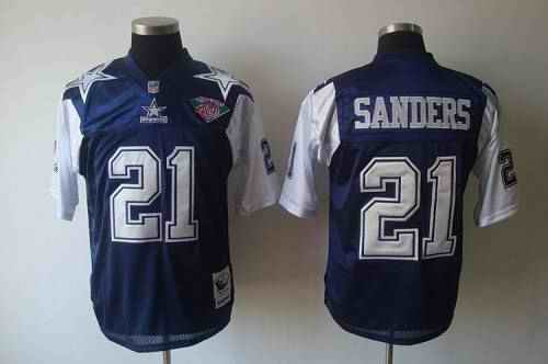 Mitchell & Ness Cowboys #21 Deion Sanders Blue/White With 75TH Stitched Throwback NFL Jersey