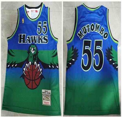 Men's Atlanta Hawks #55 Dikembe Mutombo Blue and Green 1996-97 Throwback Swingman Stitched Jersey