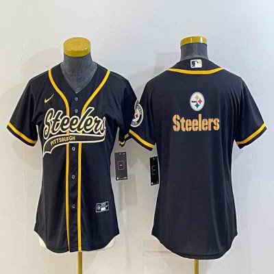 Youth Pittsburgh Steelers Black Team Big Logo With Patch Cool Base Stitched Baseball Jersey