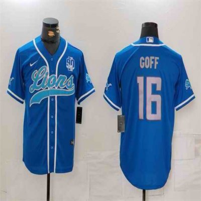 Men's Detroit Lions #16 Jared Goff Blue With 90th Anniversary Patch Cool Base Stitched Baseball Jersey