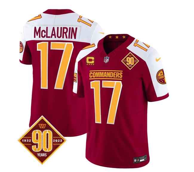 Men's Washington Commanders #17 Terry McLaurin Burgundy/White 2023 F.U.S.E. With 4-Star C Patch 90th Anniversary Vapor Limited Stitched Football Jersey