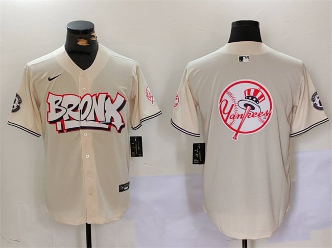 Men's New York Yankees Team Big Logo Cream Bronx Graffiti V2 Vapor Limited Stitched Baseball Jersey