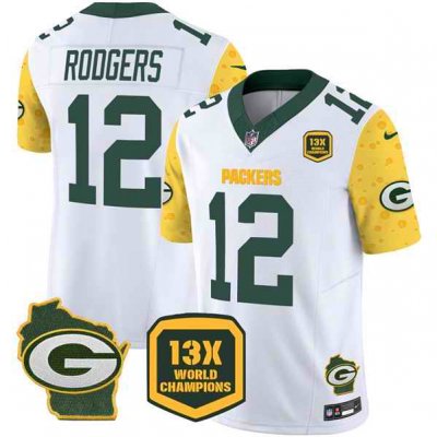 Men's Green Bay Packers #12 Aaron Rodgers Cheese White 2024 F.U.S.E. 13 Time World Champions And Home Patch Vapor Untouchable Limited Stitched Football Jersey