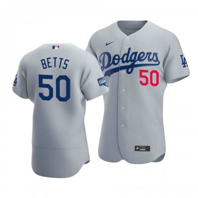 Men's Los Angeles Dodgers #50 Mookie Betts 2020 Grey World Series Champions Patch Flex Base Sttiched Jersey