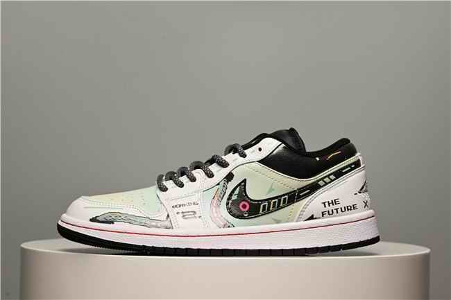 Women's Running Weapon Air Jordan 1 Low Black/White/Green Shoes 0402