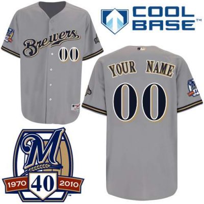 Brewers Personalized Authentic Grey Cool Base w/40th Anniversary Patch MLB Jersey