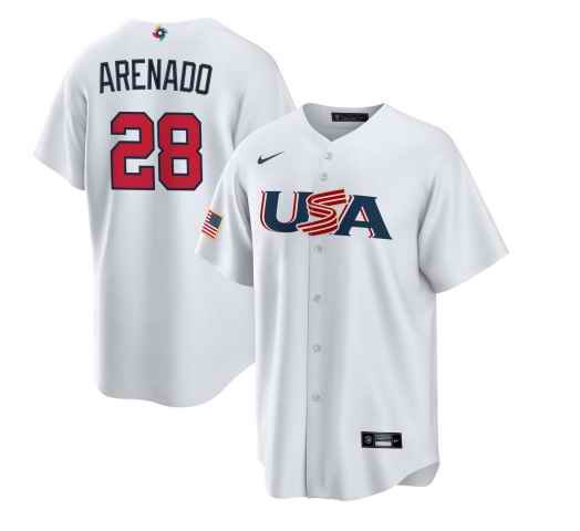 Men's USA Baseball #28 Nolan Arenado 2023 White World Baseball Classic Stitched Jersey