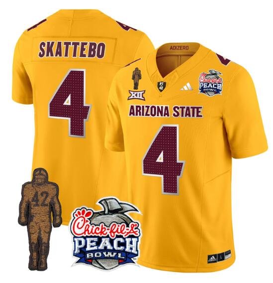 Men's Arizona State Sun Devils #4 Cam Skattebo 2024 F.U.S.E. Gold Pat Tillman & Peach Bowl Patch Vapor Limited Stitched Jersey