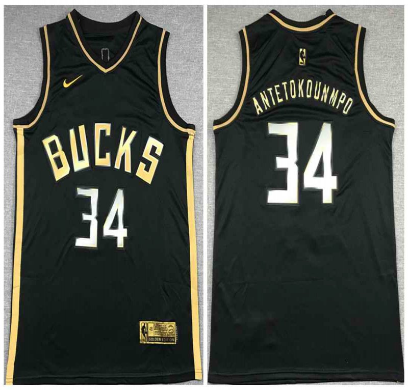 Men's Milwaukee Bucks #34 Giannis Antetokounmpo Black Gold Stitched Swingman Jersey