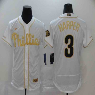 Men's Philadelphia Phillies #3 Bryce Harper White Golden Stitched MLB Jersey