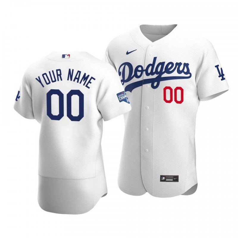 Men's Los Angeles Dodgers Customized White 2020 World Series Champions Home Patch Flex Base Stitched Jersey