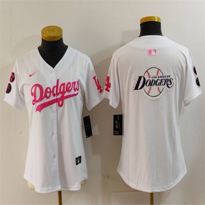 Youth Los Angeles Dodgers Team Big Logo White/Pink Vin & Kobe Patch Stitched Baseball Jersey