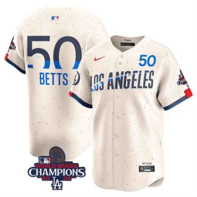 Men's Los Angeles Dodgers #50 Mookie Betts Cream 2024 World Series Champions City Connect Limited Stitched Baseball Jersey