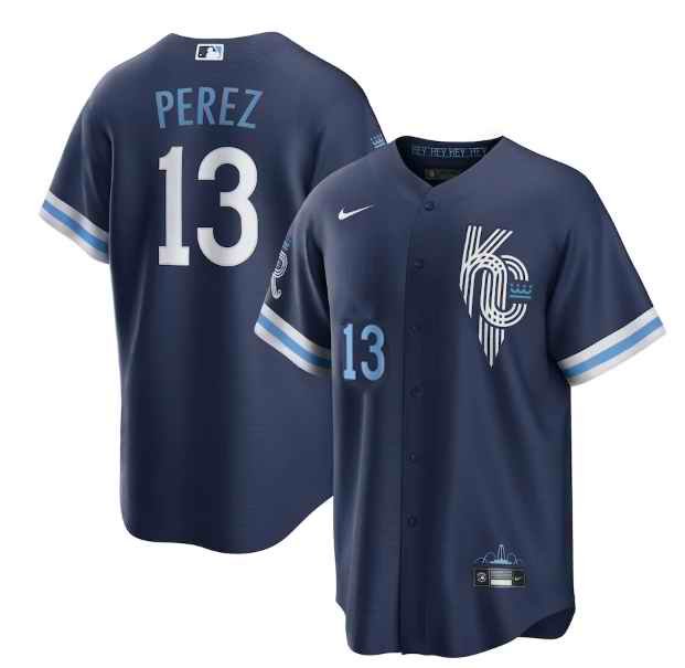 Men's Kansas City Royals #13 Salvador Perez 2022 Navy City Connect Cool Base Stitched Jersey