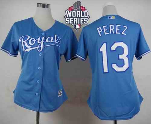 Royals #13 Salvador Perez Light Blue Alternate 1 W/2015 World Series Patch Women's Stitched MLB Jersey