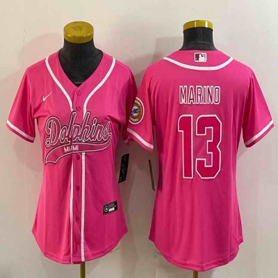 Women's Miami Dolphins #13 Dan Marino Pink With Patch Cool Base Stitched Baseball Jersey(Run Small)