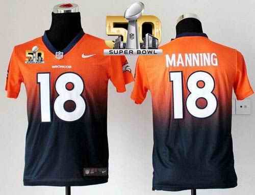 Nike Broncos #18 Peyton Manning Orange/Blue Super Bowl 50 Youth Stitched NFL Elite Fadeaway Fashion Jersey