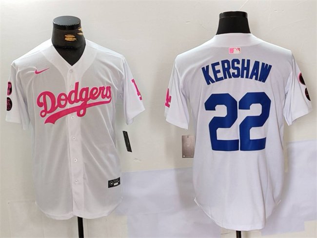 Men's Los Angeles Dodgers #22 Clayton Kershaw White/Pink Vin & Kobe Patch Stitched Baseball Jersey