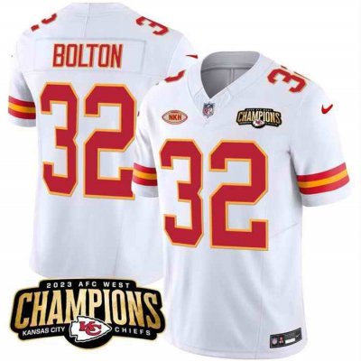 Men's Kansas City Chiefs #32 Nick Bolton White 2023 F.U.S.E. AFC West Champions With NKH Patch Vapor Untouchable Limited Stitched Jersey