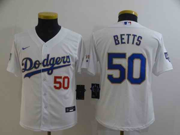 Youth Los Angeles Dodgers #50 Mookie Betts White Gold Championship Cool Base Stitched Jersey