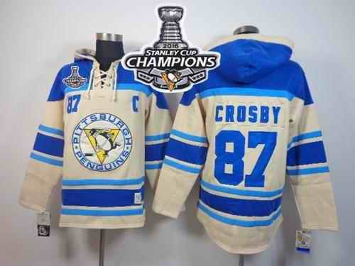 Penguins #87 Sidney Crosby Cream Sawyer Hooded Sweatshirt 2016 Stanley Cup Champions Stitched NHL Jersey