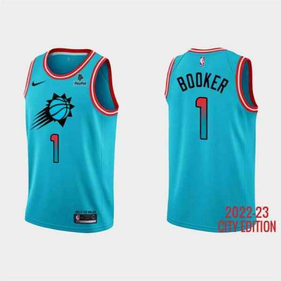 Men's Phoenix Suns #1 Devin Booker Blue 2022/23 City Edition With Black payple Logo Stitched Basketball Jersey