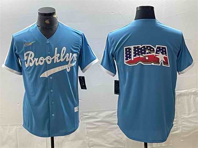 Men's Los Angeles Dodgers Team Big Logo Light Blue Throwback Cool Base Stitched Baseball Jersey