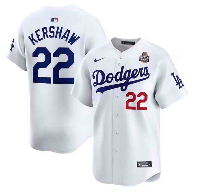 Men's Los Angeles Dodgers #22 Clayton Kershaw White 2024 World Series Home Limited Stitched Baseball Jersey