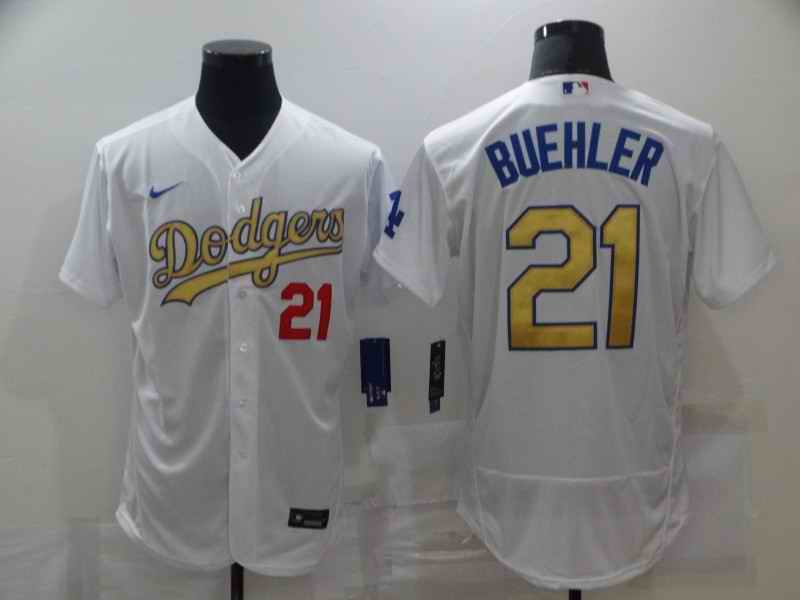 Men's Los Angeles Dodgers #21 Walker Buehler 2021 White Gold Sttiched Jersey