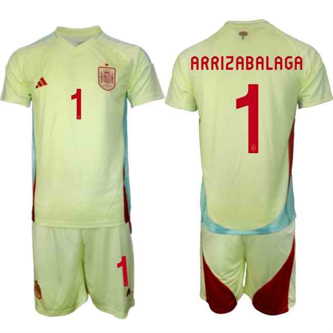 Men's Spain Team #1 Kepa Arrizabalaga 2024-25 Yellow Away Soccer Jersey Suit