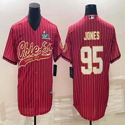 Men's Kansas City Chiefs #95 Chris Jones Red With Super Bowl LVII Patch Cool Base Stitched Baseball Jersey