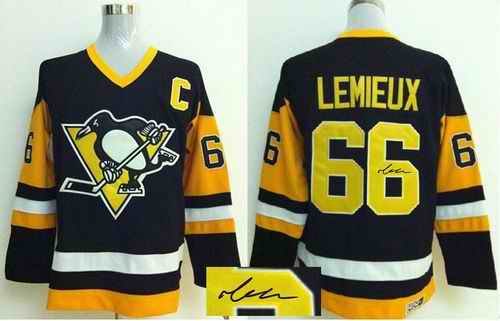 Penguins #66 Mario Lemieux Black CCM Throwback Autographed Stitched NHL Jersey