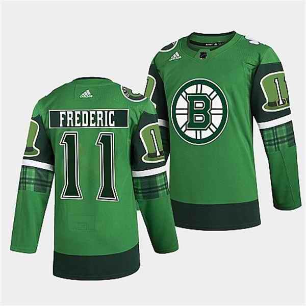 Men's Boston Bruins #11 Trent Frederic 2022 Green St Patricks Day Warm-Up Stitched Jersey