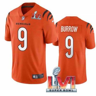 Women's Cincinnati Bengals #9 Joe Burrow 2022 Orange Super Bowl LVI Vapor Limited Stitched Jersey(Run Small)