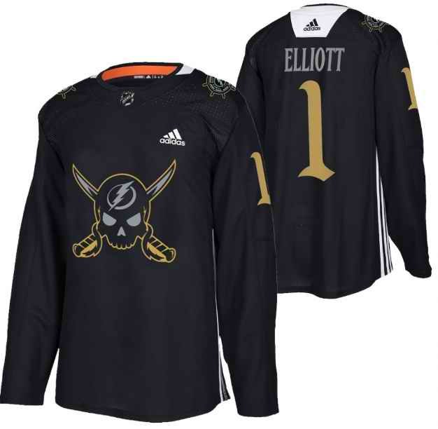 Men's Tampa Bay Lightning #1 Brian Elliott Black Gasparilla inspired Pirate-themed Warmup Stitched Jersy