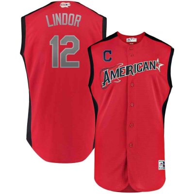 American League #12 Francisco Lindor Red 2019 MLB All-Star Game Workout Jersey