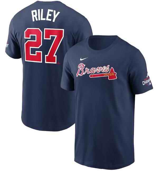 Men's Atlanta Braves #27 Austin Riley 2021 Navy World Series Champions Player Name & Number T-Shirt