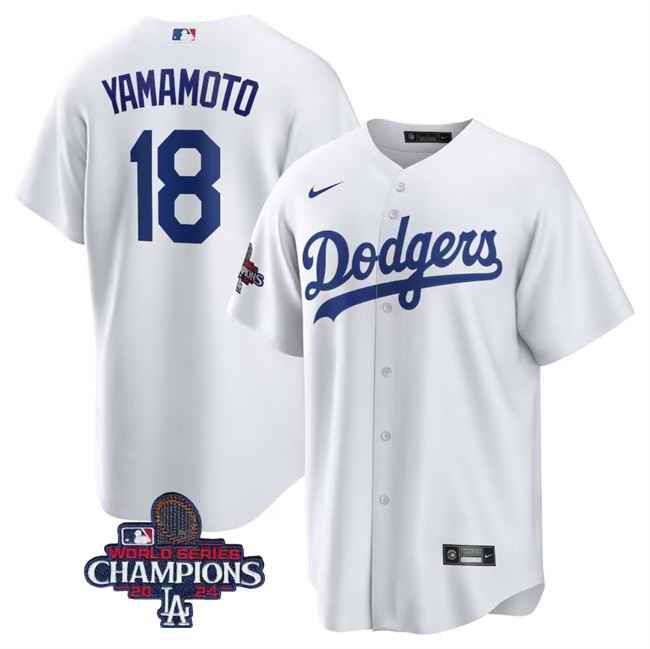 Men's Los Angeles Dodgers #18 Yoshinobu Yamamoto White 2024 World Series Champions Cool Base Stitched Baseball Jersey