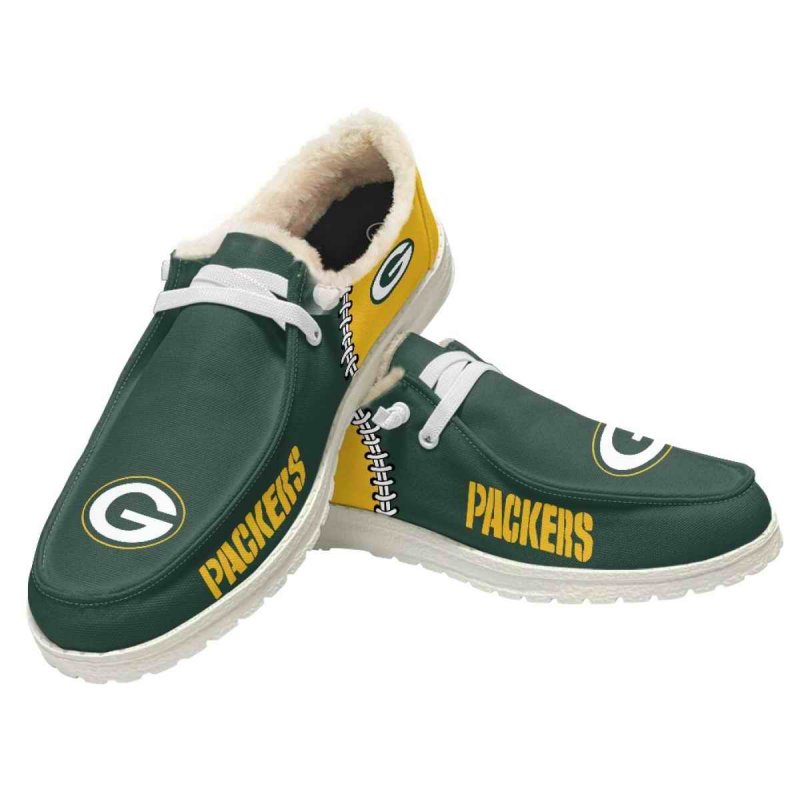 Women's Green Bay Packers Loafers Lace Up Fuzzy Lined Shoes 002 (Pls check description for details)