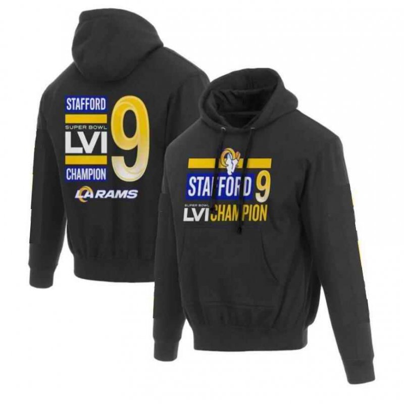 Men's Los Angeles Rams #9 Matthew Stafford 2022 Black Super Bowl LVI Champions Pullover Hoodie