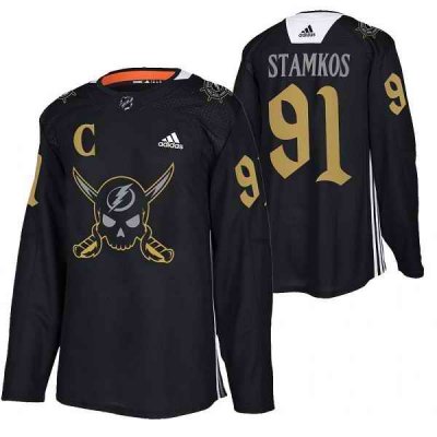 Men's Tampa Bay Lightning #91 Steven Stamkos Black Gasparilla inspired Pirate-themed Warmup Stitched Jersy