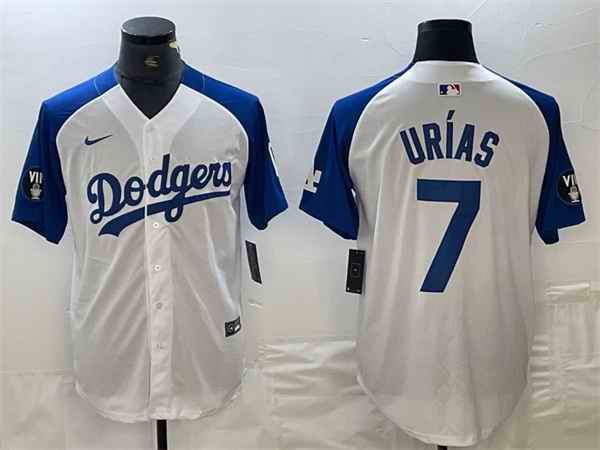 Men's Los Angeles Dodgers #7 Julio Ur'as White/Blue Vin Patch Cool Base Stitched Baseball Jersey